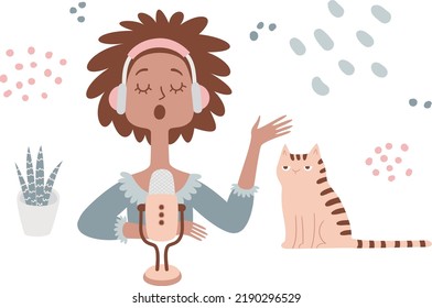 Podcast concept vector illustration. Dark skin woman making a podcast with her cat flat drawing. Media hosting hand-drawn cartoon illustration.