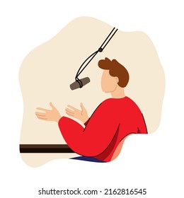 podcast concept. Vector illustration of people talking in the studio with microphones creators speakers. Isolated on background