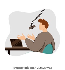 podcast concept. Vector illustration of people talking in the studio with microphones creators speakers. Isolated on background