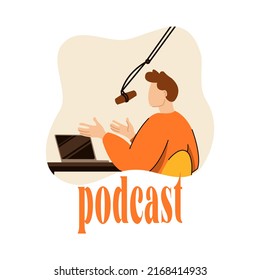 podcast concept. Vector illustration of people talking in the studio with microphones creators speakers. Isolated on background