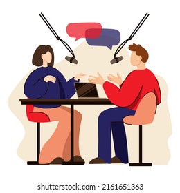 podcast concept. Vector illustration of two people talking in the studio with microphones creators speakers. Isolated on background
