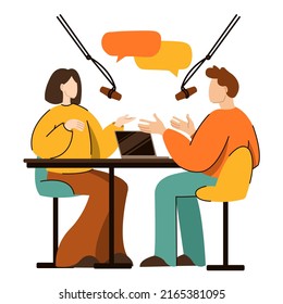 podcast concept. Vector illustration of two people talking in the studio with microphones creators speakers. Isolated on background