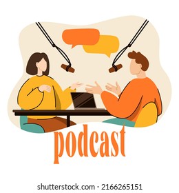 podcast concept. Vector illustration of two people talking in the studio with microphones creators speakers. Isolated on background