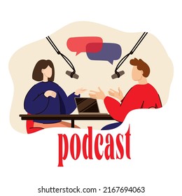 podcast concept. Vector illustration of two people talking in the studio with microphones creators speakers. Isolated on background