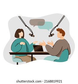podcast concept. Vector illustration of two people talking in the studio with microphones creators speakers. Isolated on background