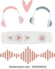 Podcast concept vector illustration. Two headphones, voice record, playing bar. Media hosting hand drawn cartoon illustration.