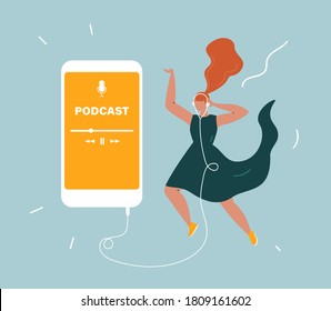 Podcast concept. Woman in headphones flying and listening to audio on a smartphone. Online podcasting show, radio application. Flat vector illustration