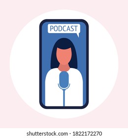 Podcast concept. Woman silhouette with microphone on mobile phone screen. Vector illustration in a flat style