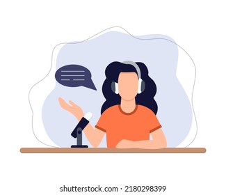 Podcast concept. Woman talking with the audience. Podcaster on the air.