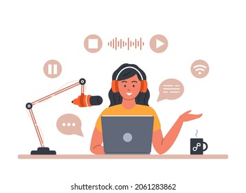 Podcast concept. Woman wearing headphones in front of laptop, talking into microphone, recording sound. Vector illustration with icons in flat cartoon style.