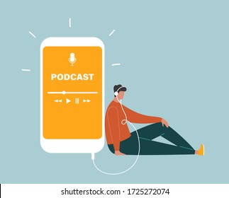 Podcast concept. Young man in headphones sitting on the floor and listening to podcast on a smartphone. Online podcasting show, radio. Flat vector illustration