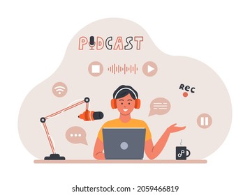 Podcast concept. Young man with headphones in front of laptop, talking into microphone, sound recording. Vector illustration with icons in flat cartoon style.
