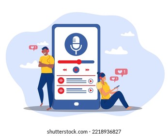 Podcast concept ,young waman and man  Listening Podcasts in Mobile App. Audio Podcast. Concept of Online Podcasting, Online Radio Show, Microphone Icon. Vector illustration