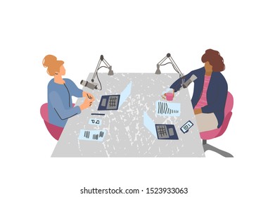 Podcast concept. Young women have a conversation  in a studio. Vector flat illustartion.
