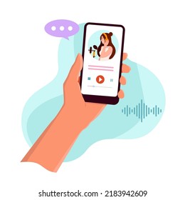 Podcast concept.Human Hand holding a smartphone with an application for listening to podcasts on the screen.  Vector illustration in flat style.