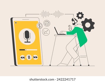 Podcast content abstract concept vector illustration. Branded podcast creation, engaging marketing content production, promotion strategy, monetization, social media planner abstract metaphor.