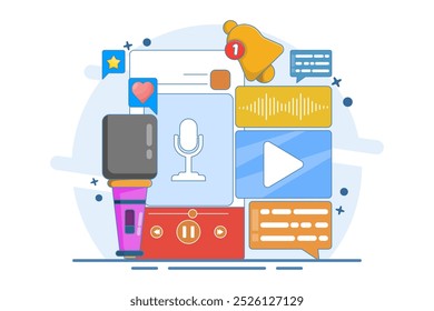 Podcast content concept. Podcasting app, radio advertising, broadcasting station, streaming, online event, blog, media marketing, digital recording. Flat vector illustration on background.
