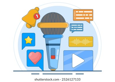 Conceito de conteúdo do podcast. Aplicativo de podcasting, publicidade de rádio, estação de radiodifusão, streaming, evento online, blog, marketing de mídia, gravação digital. Ilustração de vetor plano no plano de fundo.