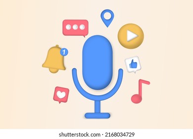 Podcast content concept. Streaming, online show, blogging, media marketing, podcasting app, radio advertising, broadcasting station, digital recording. 3D vector illustration for poster, web banner.