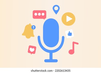 Podcast content concept. Streaming, online show, blogging, media marketing, podcasting app, radio advertising, broadcasting station, digital recording. Flat vector illustration for poster, web banner.