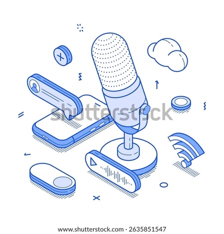 Podcast content creating audio radio internet interview minimalist isometric vector illustration. Online broadcasting media blog vlog social network live streaming microphone discussing communication