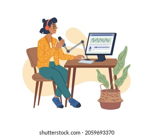 Podcast or content creation, blogger making video or streaming. Vector woman recording podcast for network followers and subscribers. Female character sit at table with computer, cartoon influencer