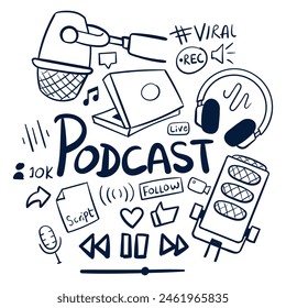 Podcast Content Creation Drawing. Hand Drawn Podcast Scribbles doodles. podcast drawings vector