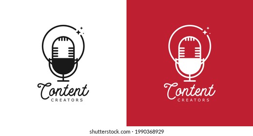Podcast content creators logo concept. Mic vector illustrations.