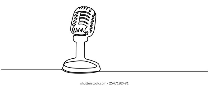 Podcast. Continuous one single line drawing Retro microphone logo icon, tattoo, vector illustration concept, Microphone Doodle Icon. Hand Drawn Symbol Vector, Minimalist design of one line drawing 