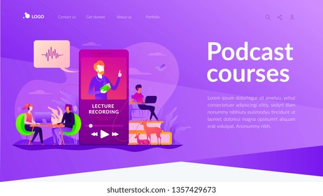 Podcast courses, audio and video recording, class recording access and study aid concept. Website interface UI template. Landing web page with infographic concept creative hero header image.