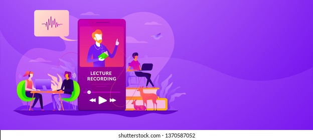 Podcast courses, audio and video recording, class recording access and study aid concept. Vector banner template for social media with text copy space and infographic concept illustration.