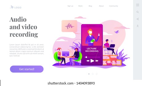 Podcast courses, audio and video recording, class recording access and study aid concept. Website interface UI template. Landing web page with infographic concept creative hero header image.