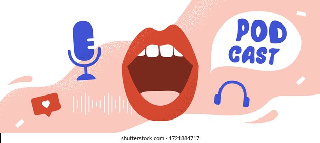 Podcast Cover art design. Women podcast. Female mouth. Vector