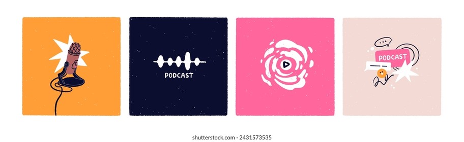 Podcast cover backgrounds set. Audio broadcast, modern square-shaped card designs, social media posts collection with microphone, mic, play, sound track, records. Trendy flat vector illustrations