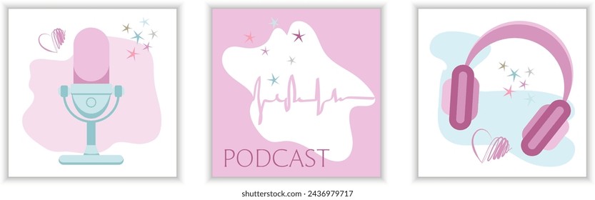 Podcast cover backgrounds set. Audio broadcast, modern square-shaped card designs, social media posts collection with microphone, mic, play, sound track, records. Cute flat vector illustrations