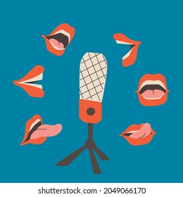 Podcast cover with blue background. Studio microphone on a stand and open speaking mouths around. Vector retro flat illustration EPS 10