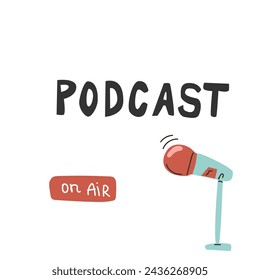 Podcast cover design background with red elements in flat style. Vector illustration hand drawn. Can used for broadcasting, podcast banner, cover template for social network. 
