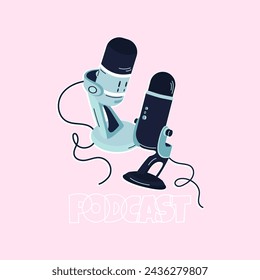 Podcast cover. Design template with two microphones on a pink background. Microphone on a stand with a cable. Cartoon vector illustration	
