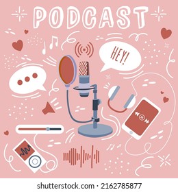 Podcast cover design. Vector illustration of recording and listening to a podcast. Vector image for recording and listening to a talk.