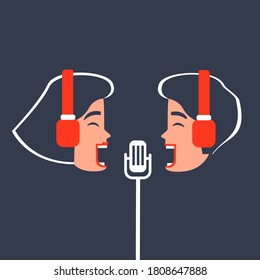 Podcast cover, microphone, headphones, podcaster and guest. Radio interview, audio and video blog. Two talking heads with headphones and a microphone. Vector stock illustration.