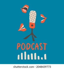 Podcast cover. Microphone and speaking mouths on a blue background. Vector trendy design.