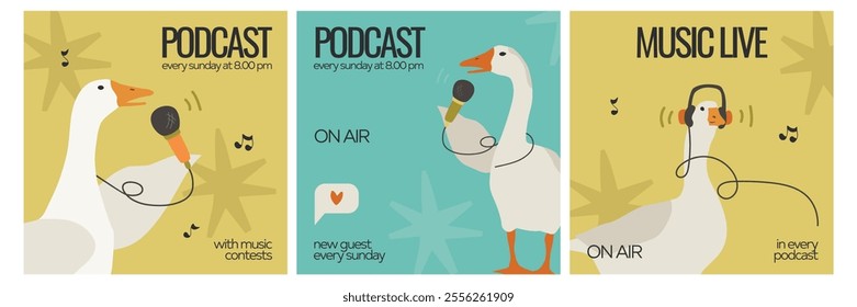 Podcast cover set with funny character - goose. Templates for podcast show or channel. Vector flat illustrations - geese, microphones and headphones.