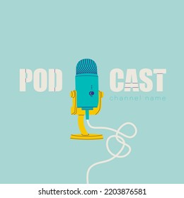 Portada de podcast. Plantilla para diseño con fondo turquesa. Micrófono en un soporte con un cable enredado.