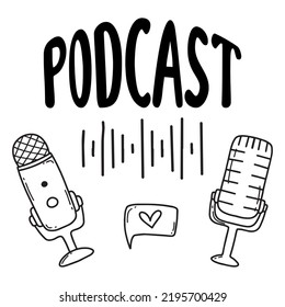 Podcast cover.Podcast concept. Doodle style. Vector illustration. Two microphones. Broadcasting.