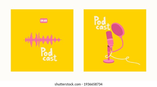 Podcast covers. Stand-type studio microphone with pop filter and cord. Pink soundtrack on a yellow background. Hand drawing illustration for blogging. EPS 10