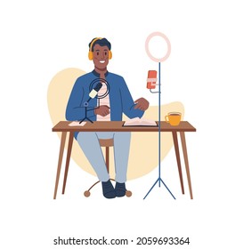 Podcast creation, blogger making audio or video, streaming online. Vector man recording content for network followers and subscribers. Male character sit at table with computer, cartoon influencer