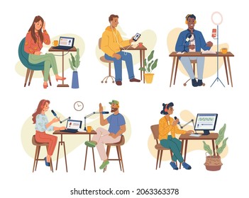 Podcast creation and listening concept. Set of vector illustrations about podcasting. People listen to audio in headphones, app on smartphone, podcaster speaking in microphone, flat cartoon