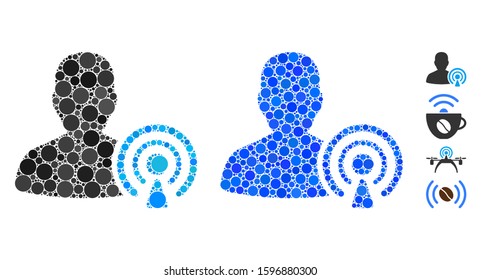 Podcast creator composition of circle elements in various sizes and color hues, based on podcast creator icon. Vector circle elements are organized into blue illustration.