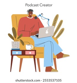 Podcast Creator concept. A relaxed podcaster recording content at home. Comfortable workspace with laptop and microphone. Vector illustration.