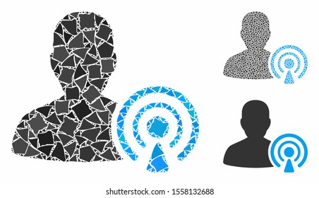 Podcast creator mosaic of unequal elements in variable sizes and shades, based on podcast creator icon. Vector inequal pieces are combined into collage.
